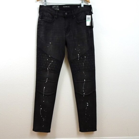 Heroes Motors Moto Jeans Men's Size 34x32 Black Denim Super Slim Paint Splatters - Picture 2 of 14